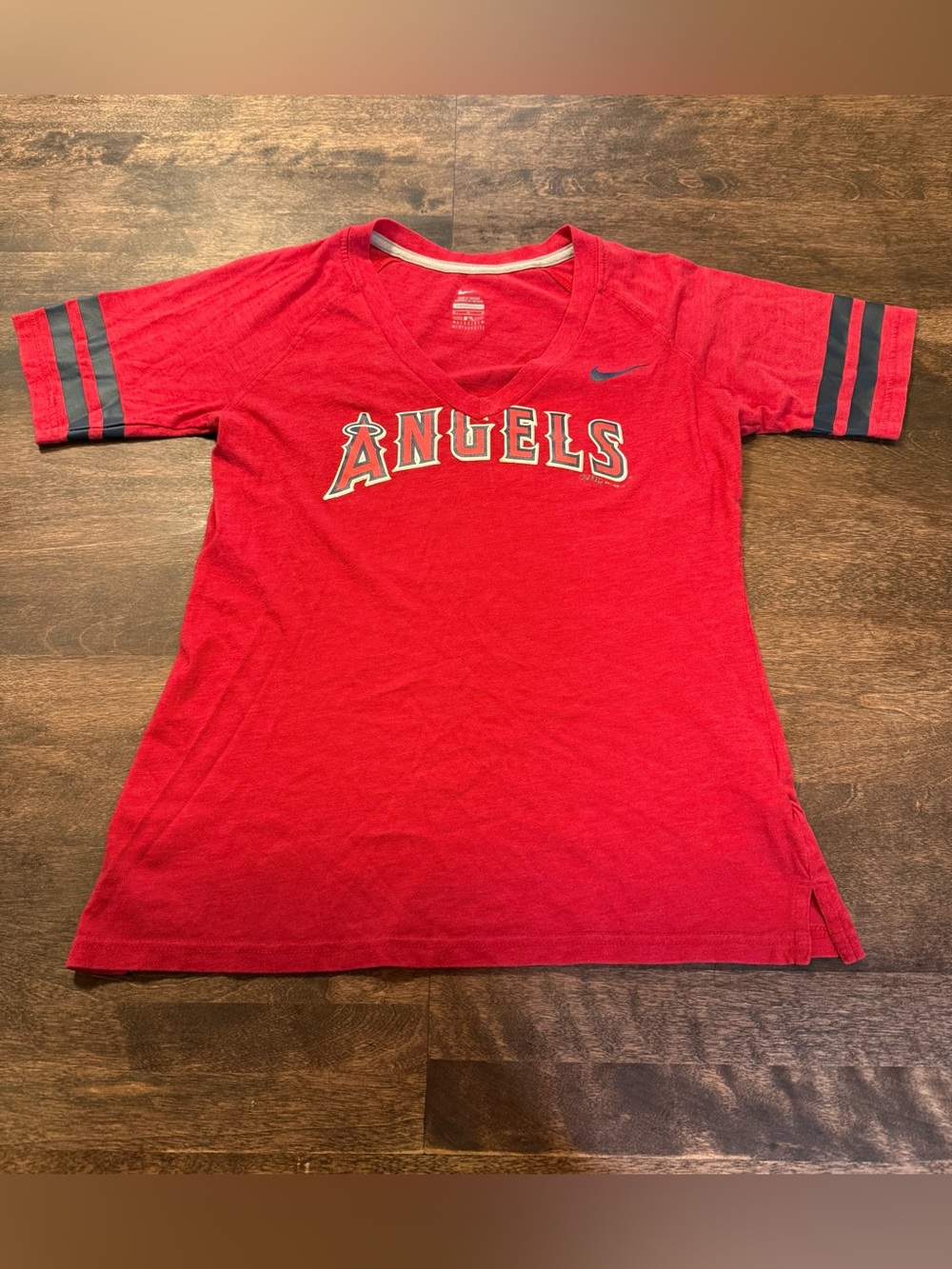 Nike Red Angels V-Neck Tee with Navy Sleeve Stripes